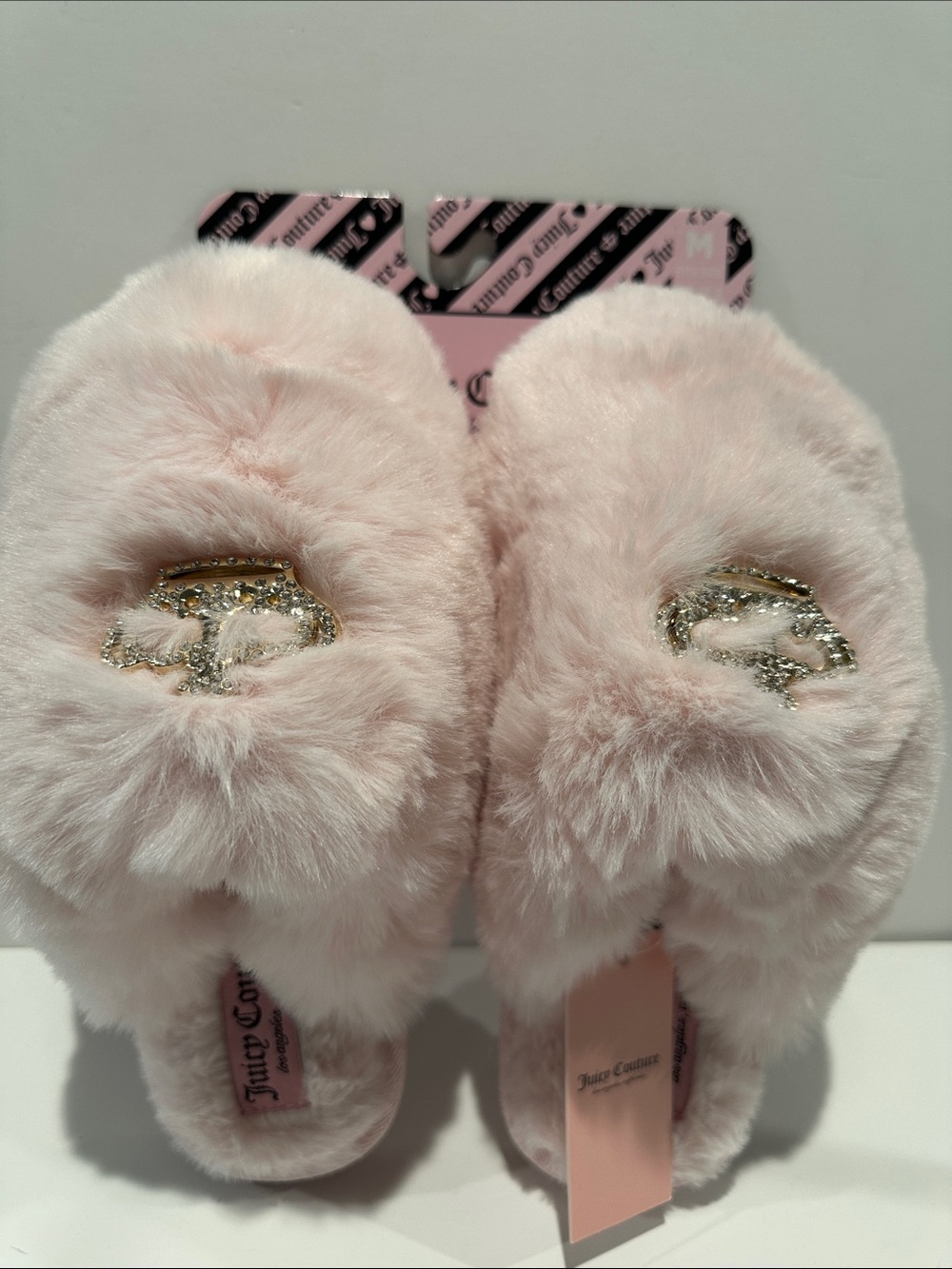 NWT Juicy Couture Baby Pink Furry Bedroom Slippers with rubber bottom.